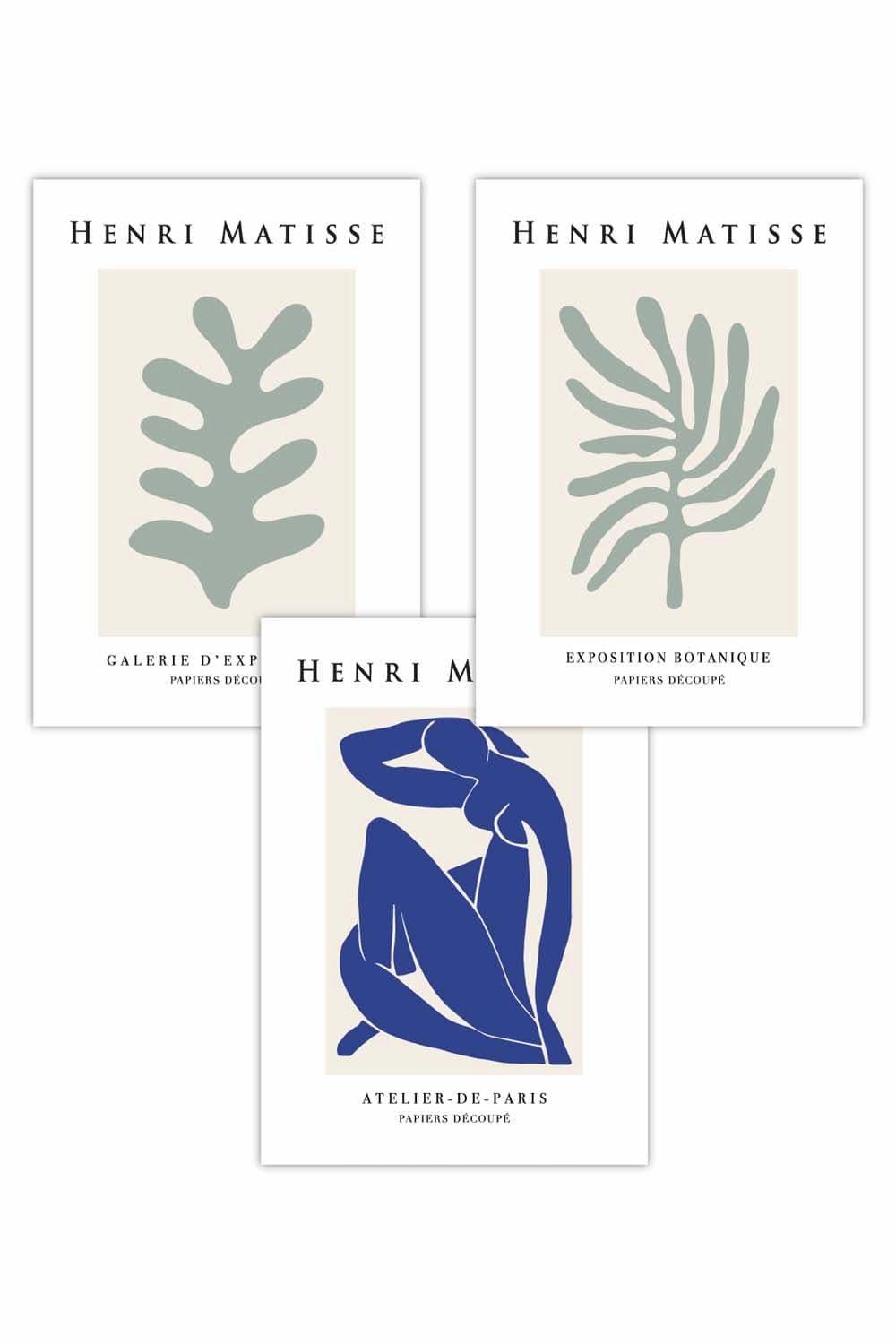 Set of 3 Matisse Botanical Shapes with Nude in Green & Blue Art Posters